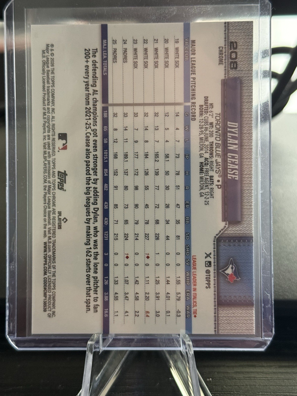 2026 Topps Chrome Dylan Cease #208 aqua /199