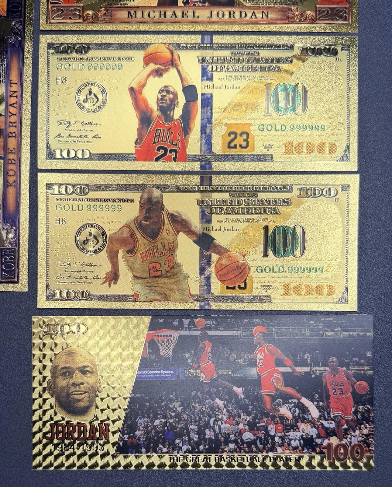 Michael Jordan 24k Gold Foil Banknotes w/ 1 Kobe Note – LOT of 5 In Top Loaders
