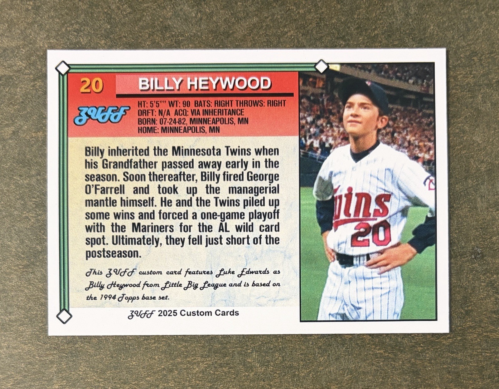 Billy Heywood Handmade Custom Baseball Card, Little Big League, 1994