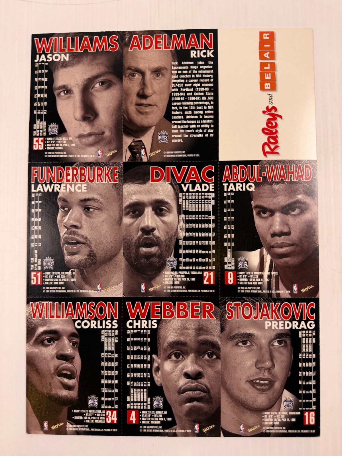 Uncut Sheet 1998-99 Upper Deck Black Diamond Basketball Cards Sacramento Kings
