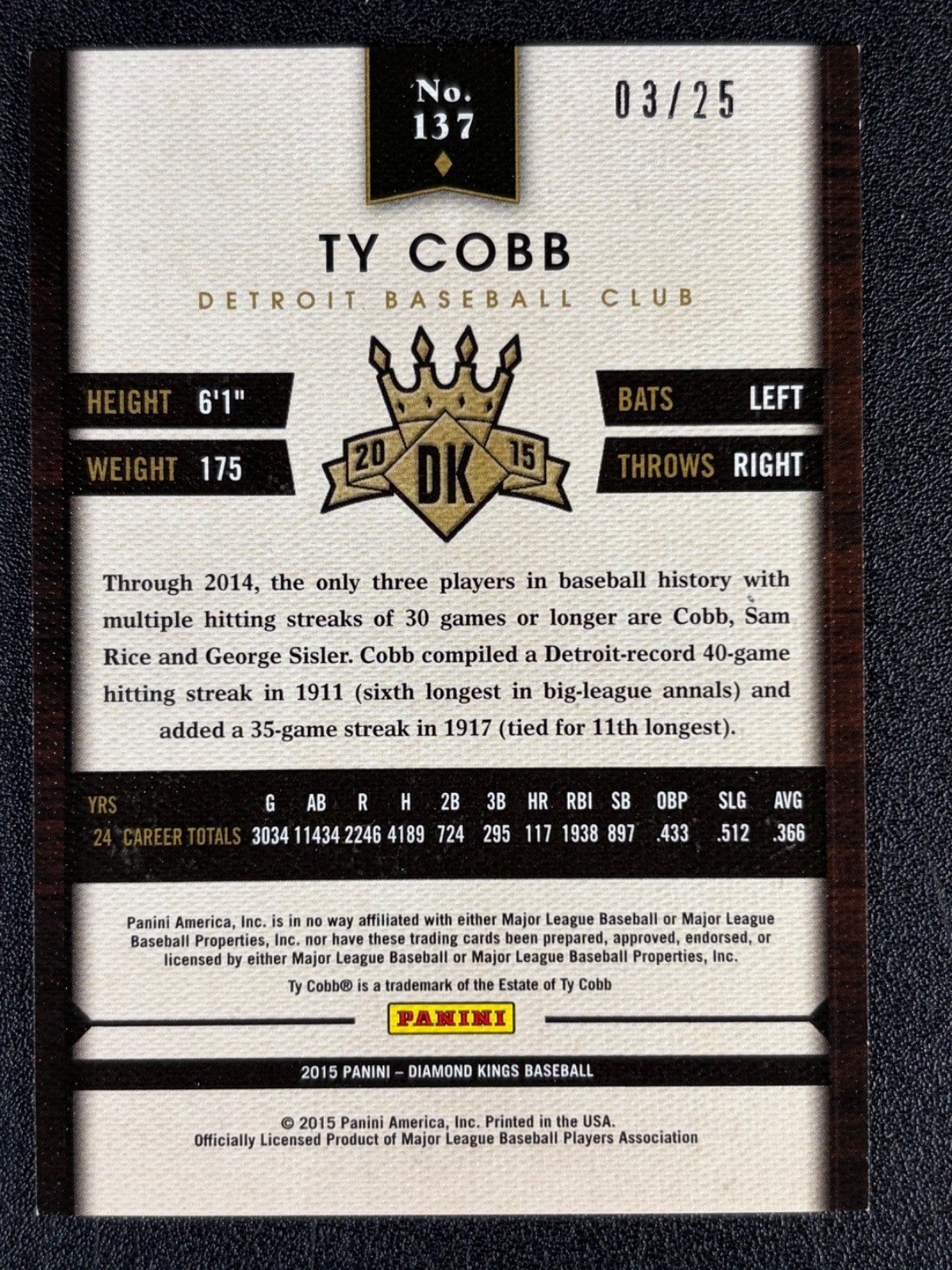 Ty Cobb 2015 Panini Diamond Kings Gold 3/25 #117 TIGERS HOF