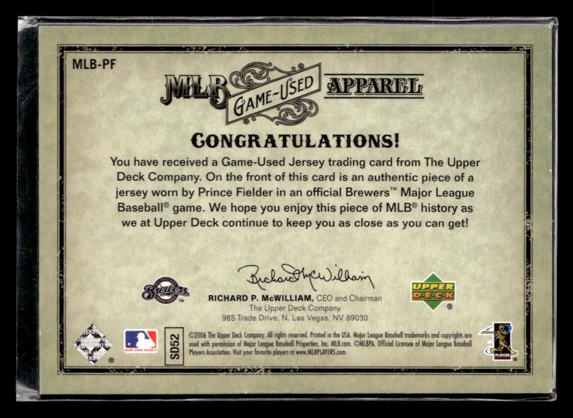 2006 Upper Deck Artifacts #MLB-PF Prince Fielder #/150 jersey card Brewers