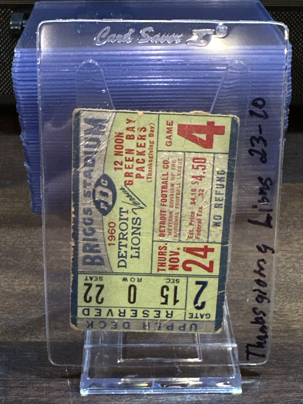 1960 Green Bay Packers Detroit Lions Ticket Stub 11/24/60 Thanksgiving Game