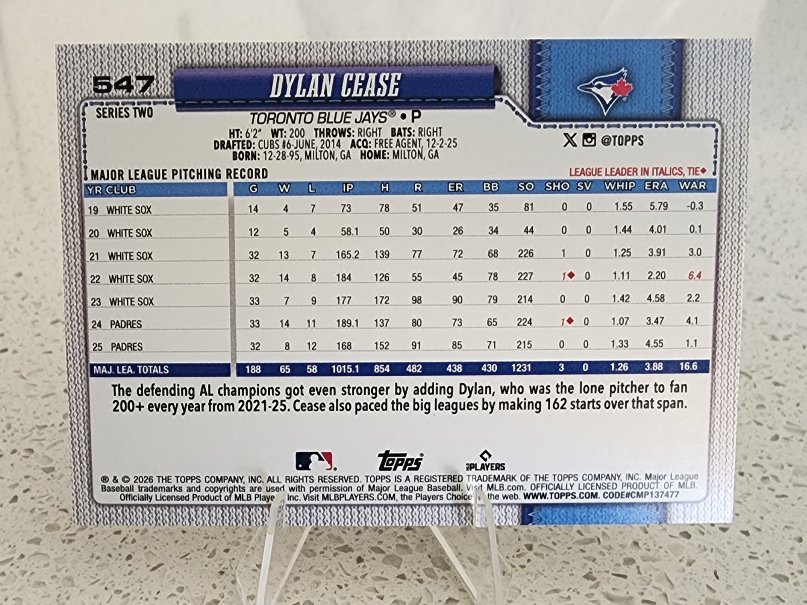 2026 Topps Series 2 Dylan Cease Holofoil Blue Jays