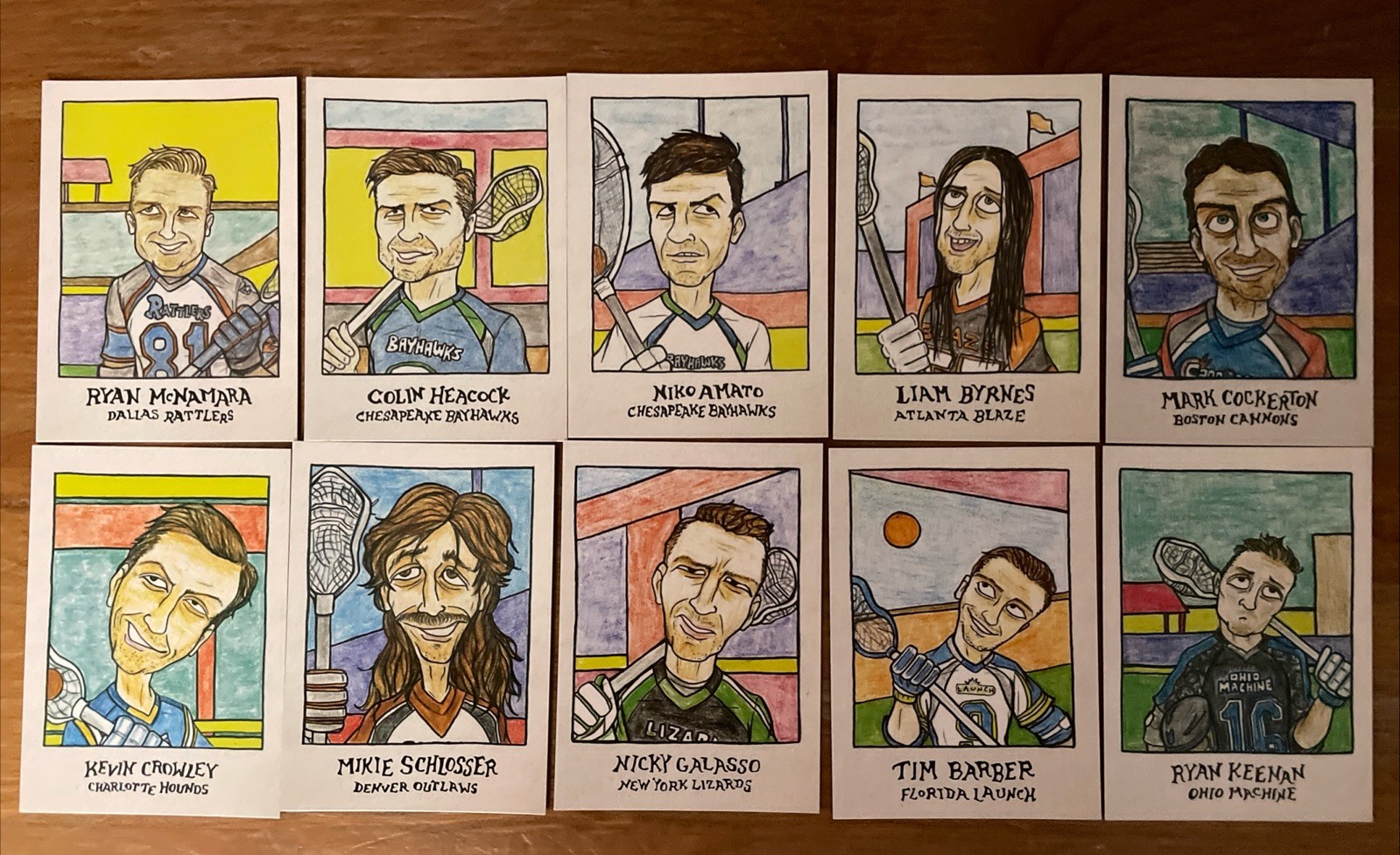 10 Cartoon Lacrosse Cards From The 2019 Parkside Major League Lacrosse Set.