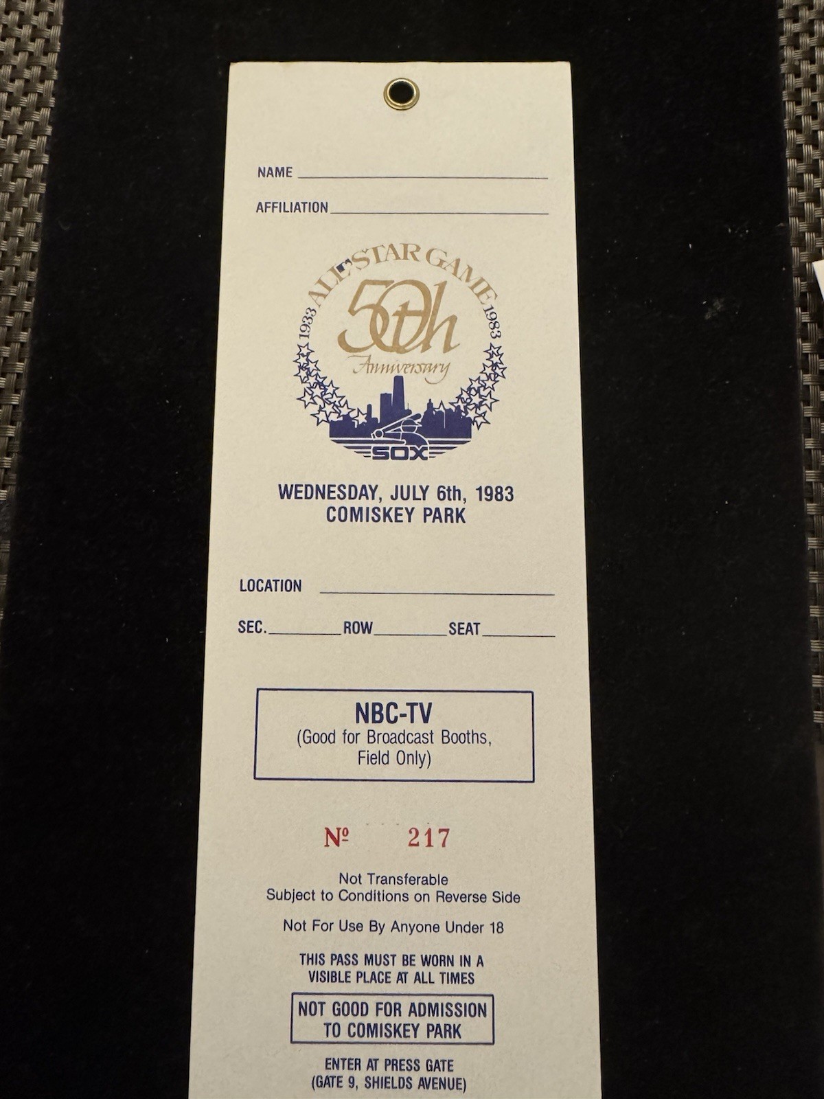 1983 All Star Game Press Pass @Comiskey Park 17 HOFers NBC-TV #Z1026