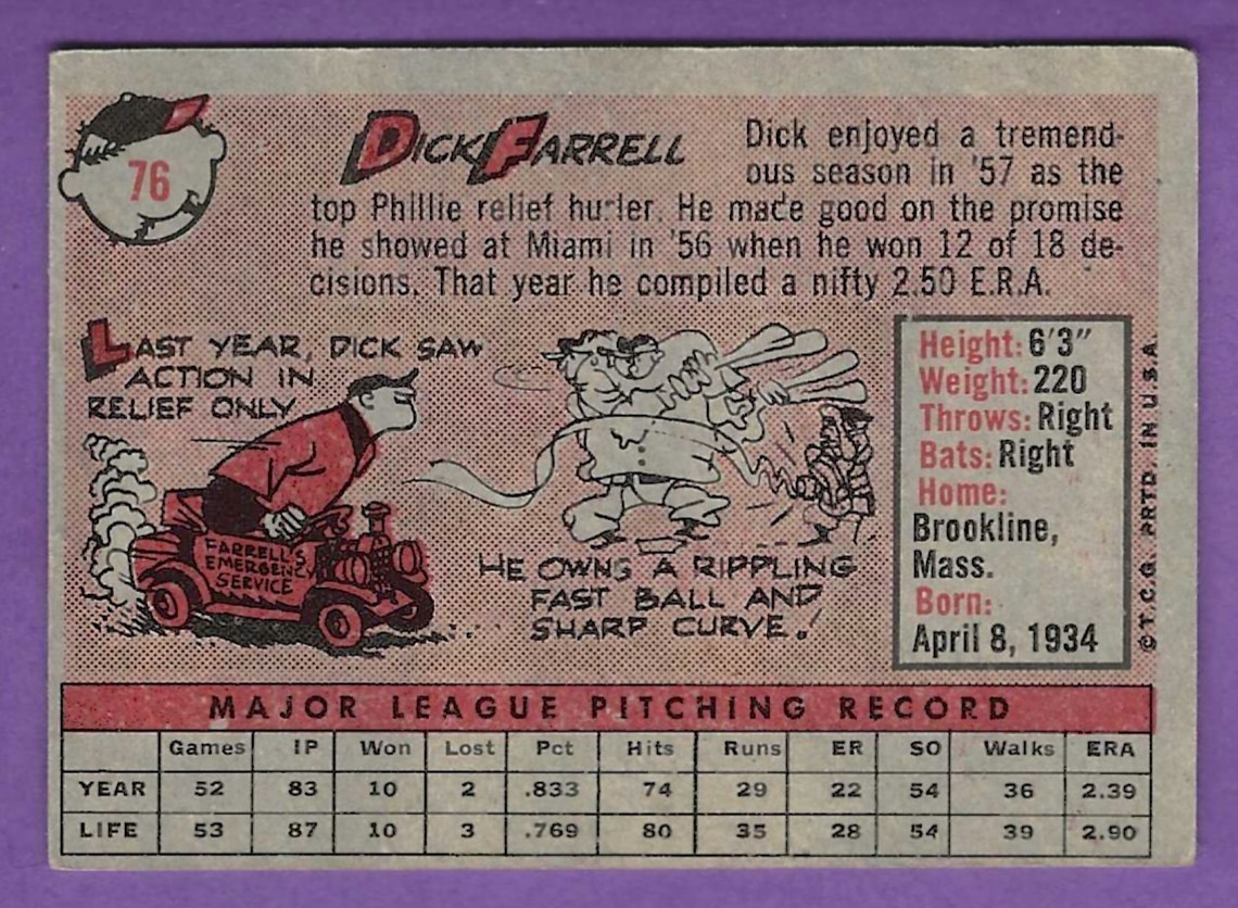 1958 Topps – #76 Dick Farrell – Philadelphia Phillies – VgEx+