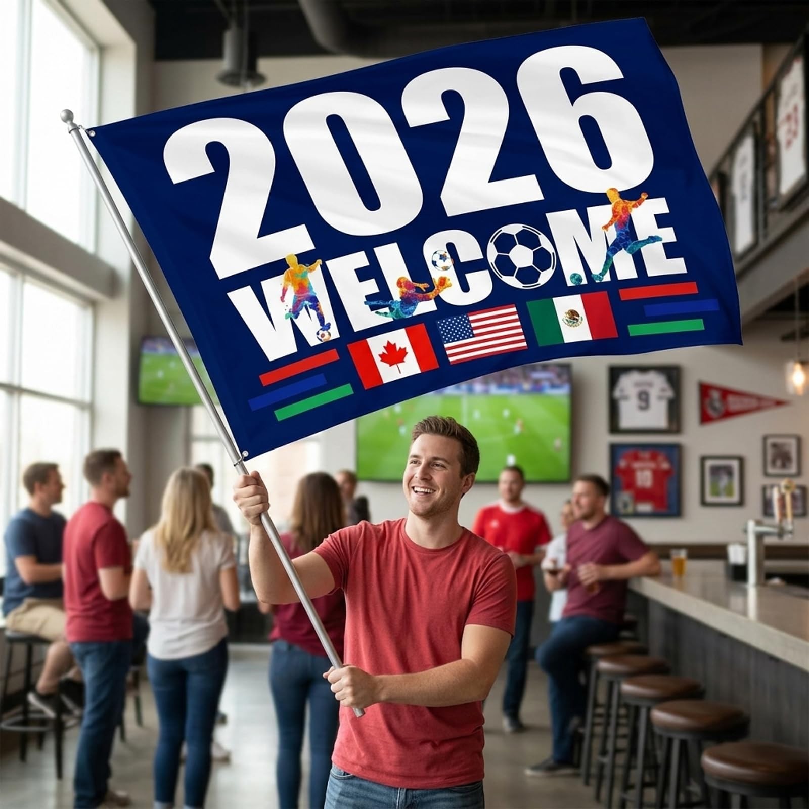 World Cup Flag 2026, 5×3FT American Canada Mexico Host Country Black and red