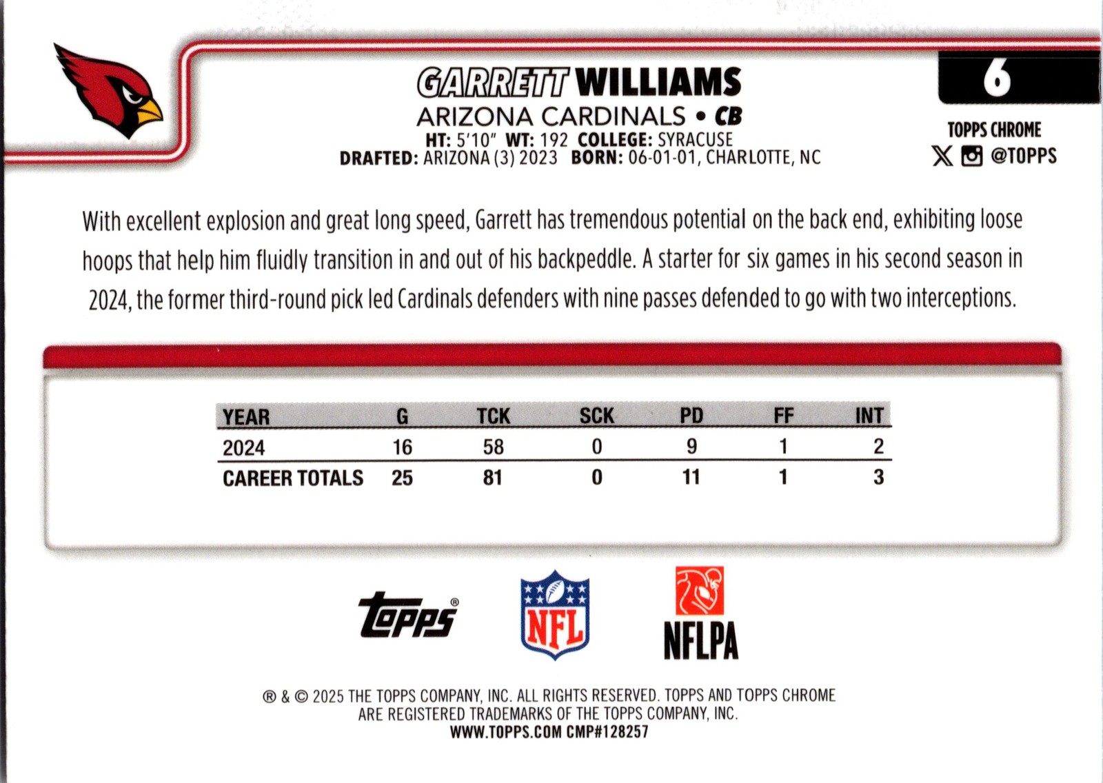 2025 Topps Chrome GARRETT WILLIAMS #6 Red White Blue