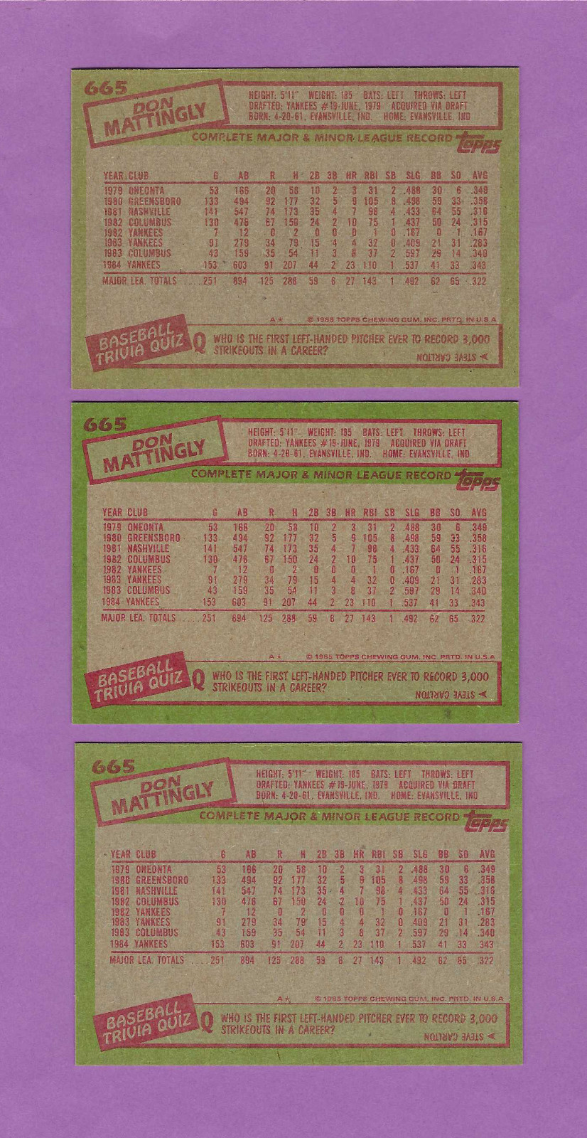 1985 Topps Yankees First Baseman Don Mattingly #665 Baseball Card, Lot of 3