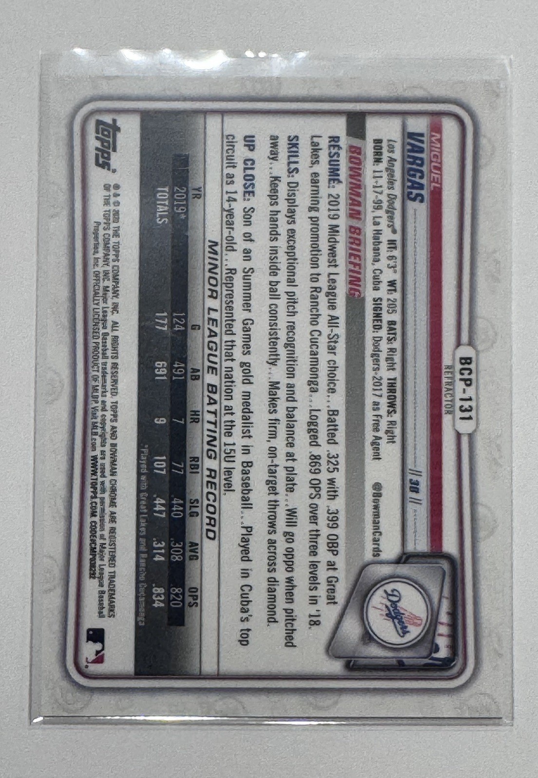 Bowman Chrome 2020 Miguel Vargas First Bowman Refractor /499 #BCP-131