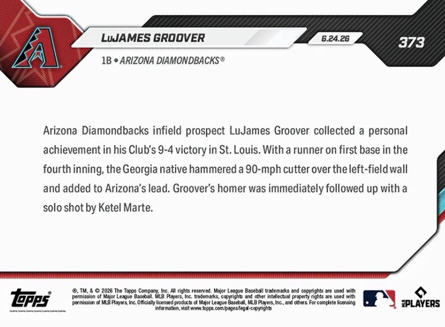 💥2026 Topps Now #373💥LuJAMES GROOVER 1st Homer – Presale – Diamondbacks