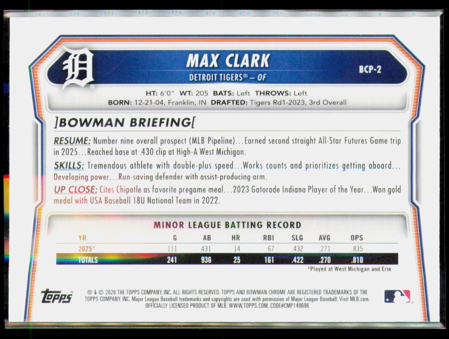 2026 Bowman #BCP-2 Max Clark Chrome Prospects Mojo Refractor