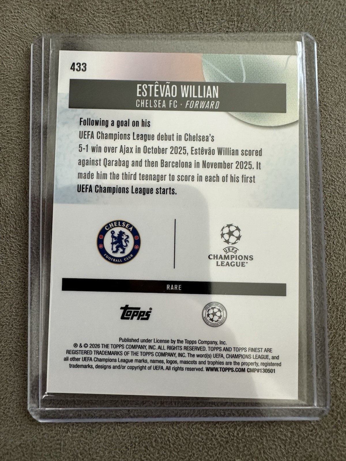 2025-26 Topps Finest UEFA CC #433 Rare Estevao Willian (RC) Purple XFractor /75