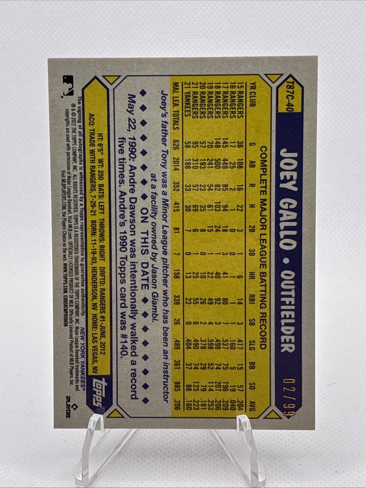 2022 Series 1 1987 Topps Chrome Silver Pack Mojo /99 Joey Gallo Auto