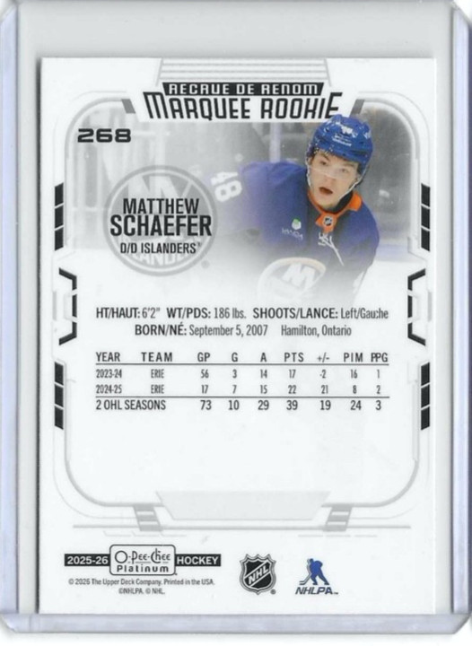 2025-26 O-Pee-Chee Platinum – Marquee Rookies Matthew Schaefer #268 (RC)