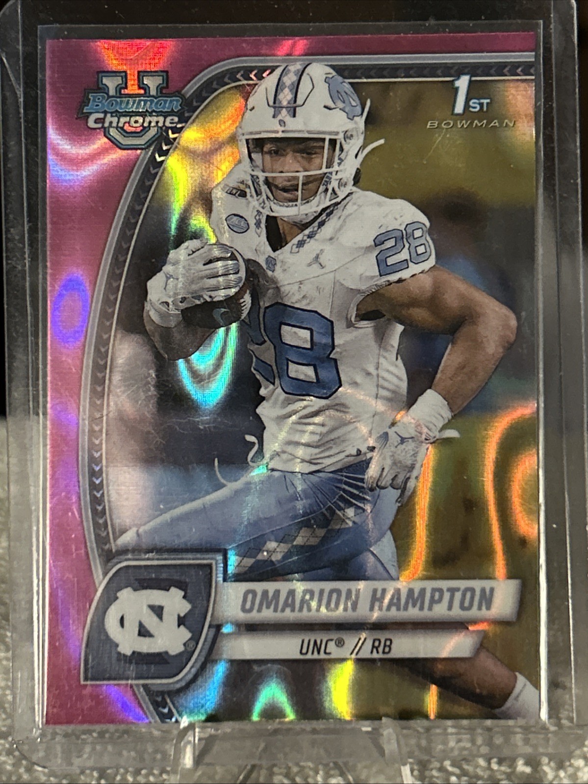 2024 Bowman University Chrome – Omarion Hampton #198 Pink Lava Refractor (RC)