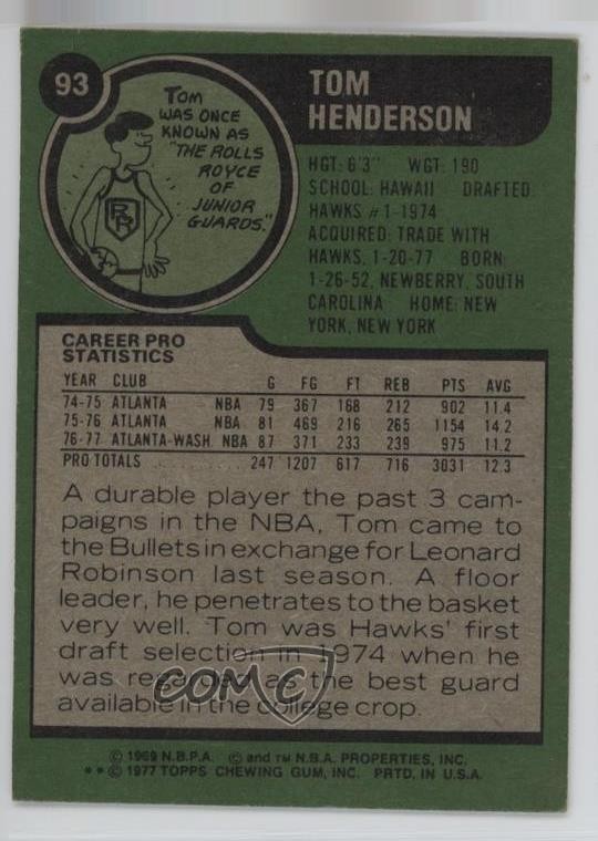 1977-78 Topps Gray Back Tom Henderson #93 05k6
