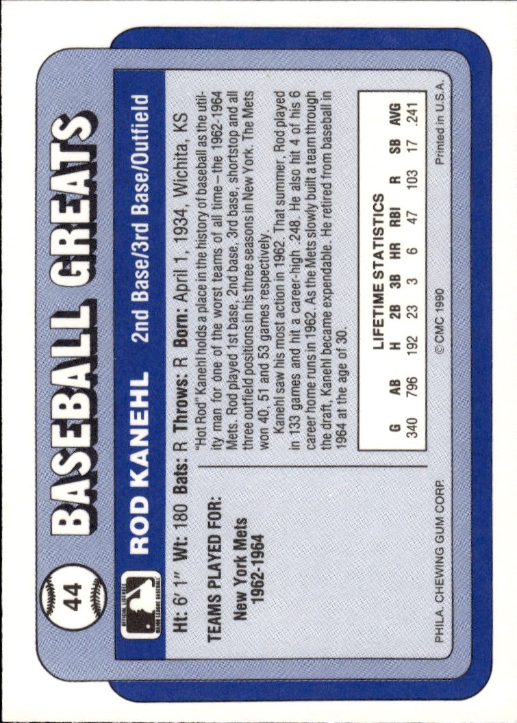 1990 Swell Baseball Greats #44 Rod Kanehl New York Mets