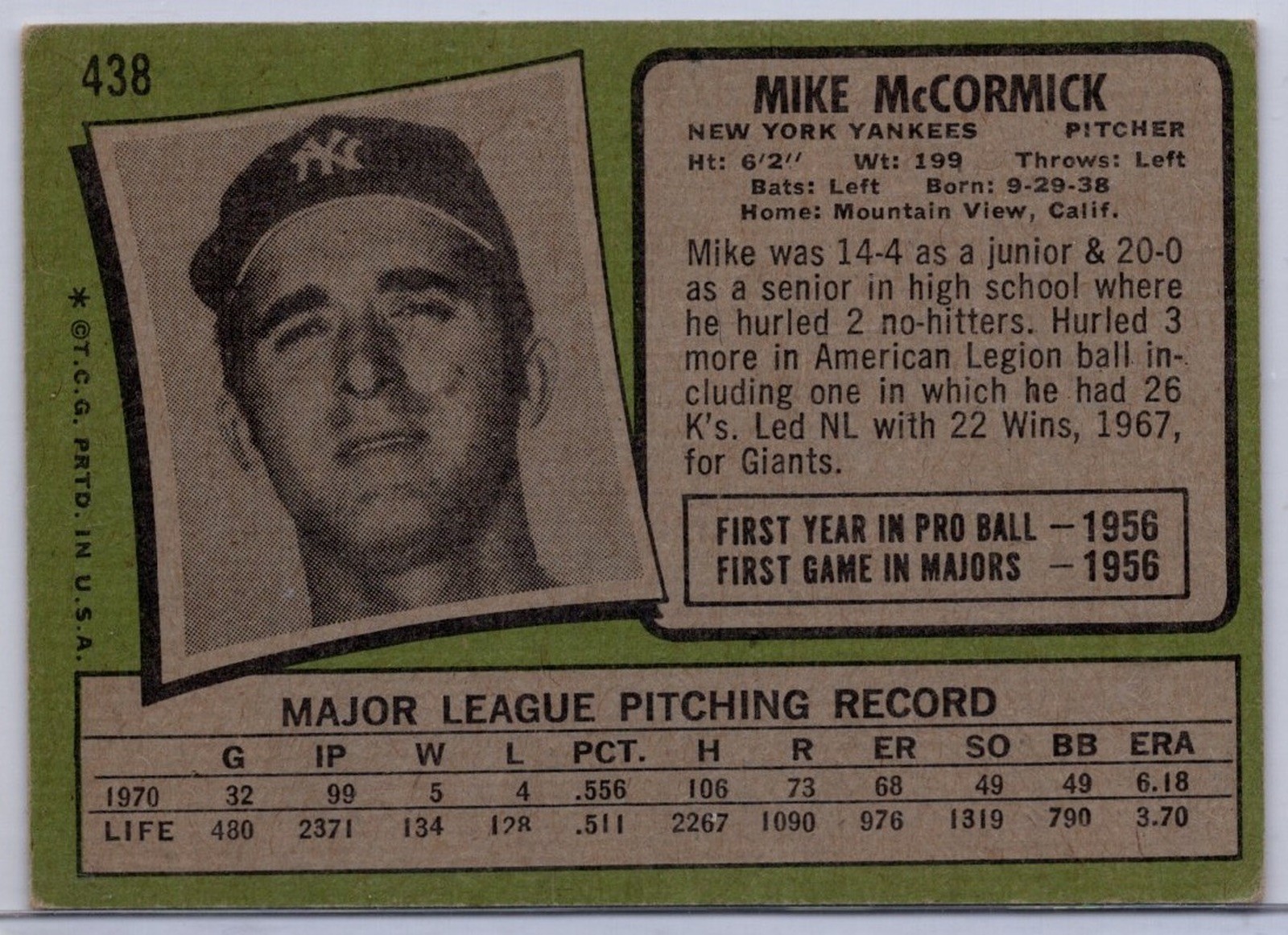 1971 Topps #438 Mike McCormick in EX Condition Yankees