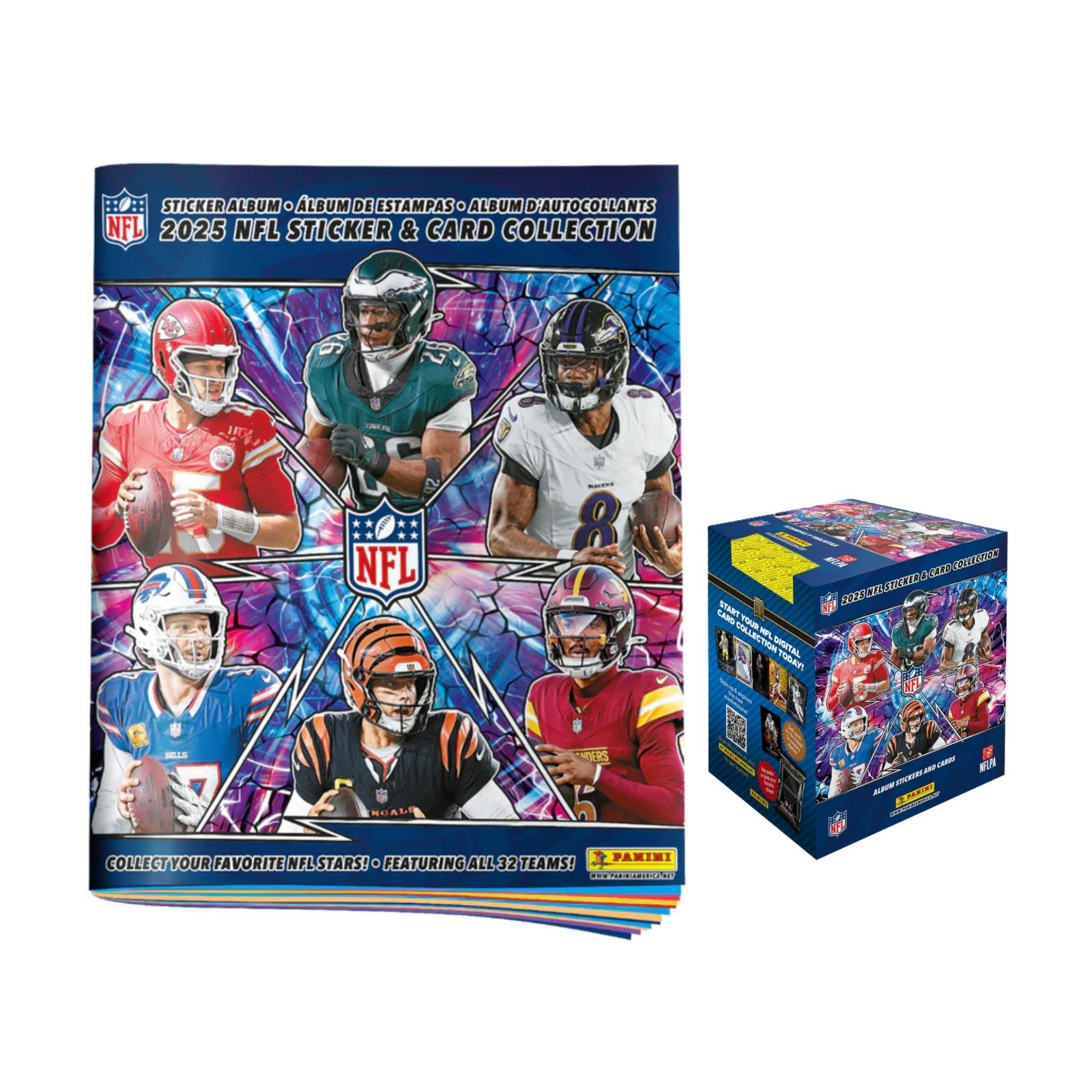 2025 Panini NFL Sticker Album & 50Ct Sticker+Card Box | 250 Stickers & 50 Cards