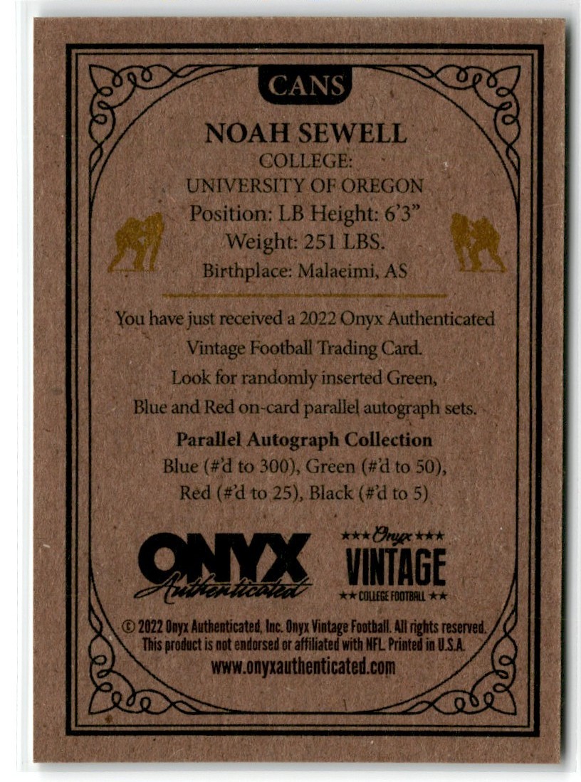 2022 ONYX VINTAGE FOOTBALL NOAH SEWELL RC AUTO