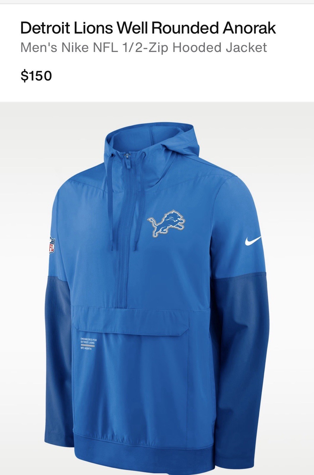 Nike Men’s Detroit Lions Well Rounded Anorak NFL 1/2 Zip Hooded Jacket XXL