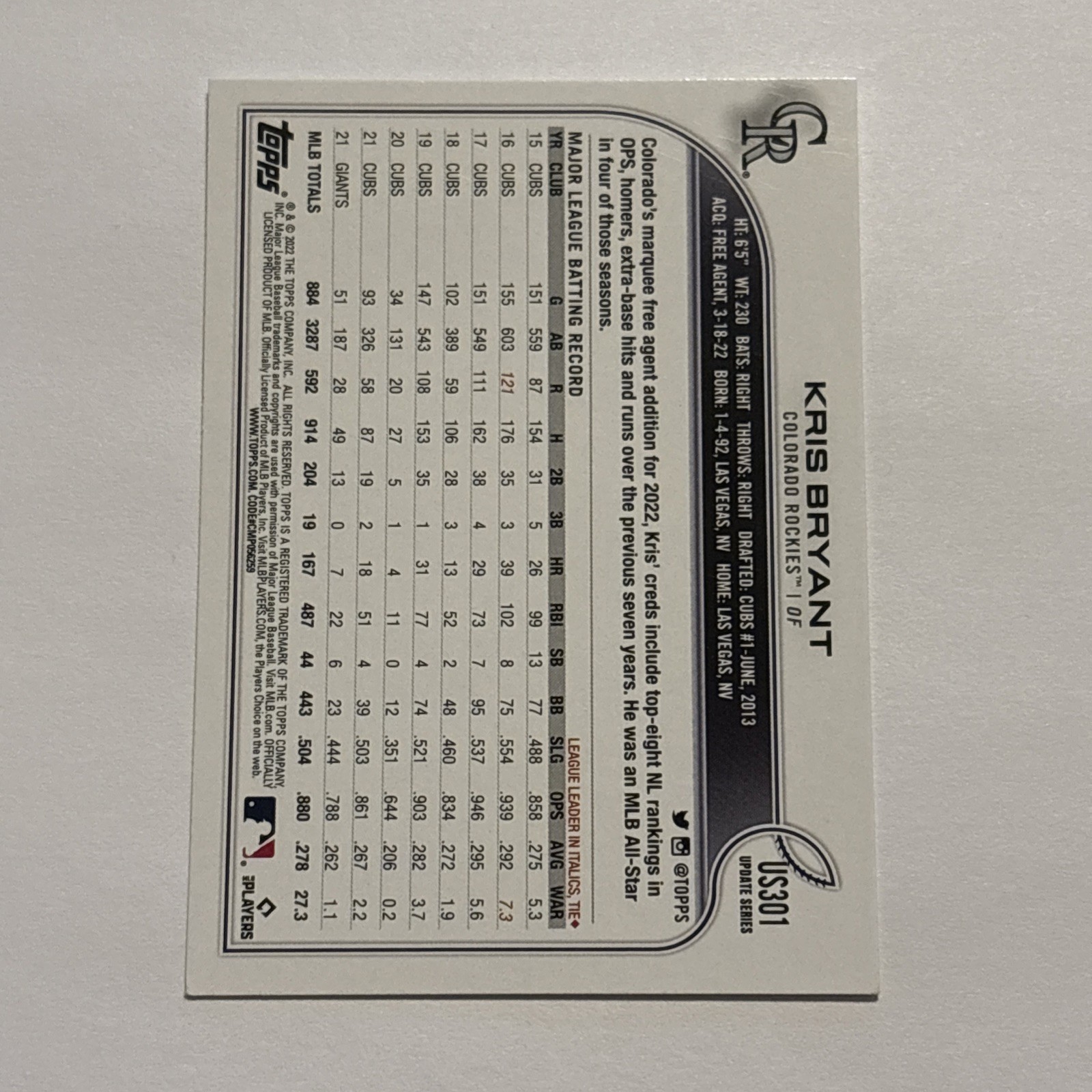 Kris Bryant 2022 Topps Update Short Print Photo Variation Card #US301 Rockies