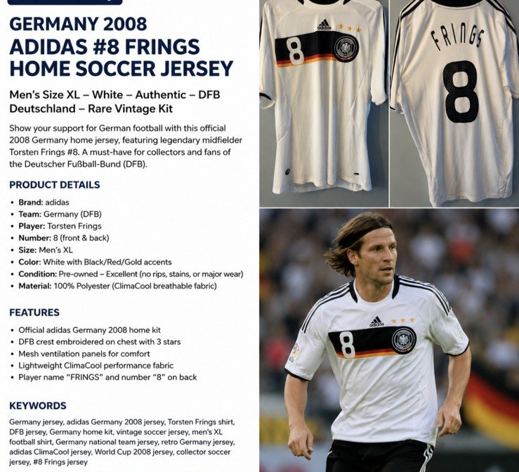 Adidas DFB Germany Frings #8 2008 Soccer Football Jersey Mens XL ClimaCool White
