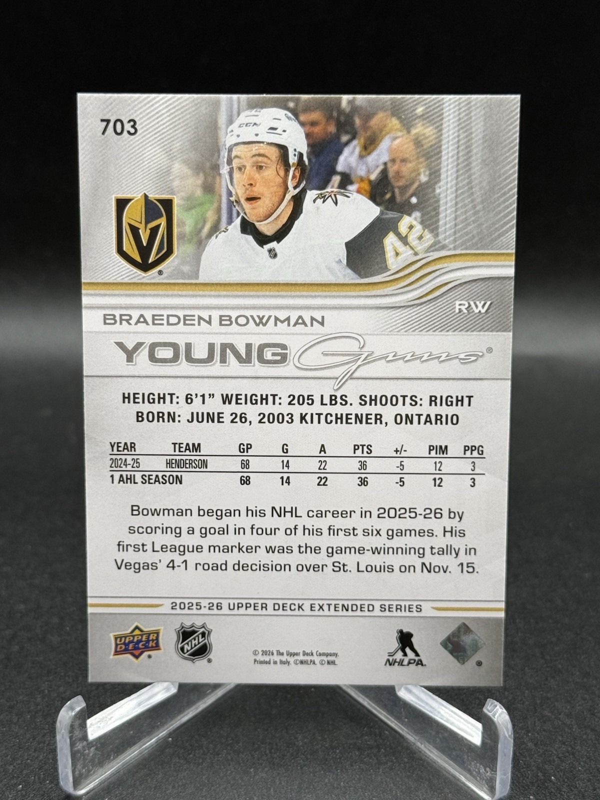 Upper Deck 2025-26 Extended Series Young Guns Rookie #703 Braeden Bowman VGK NHL