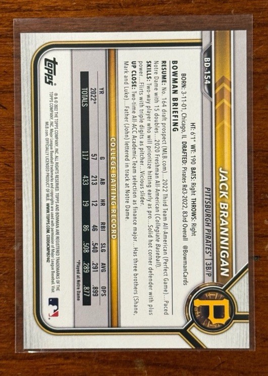2022 Bowman Draft 1st Edition Yellow Foil /75 Jack Brannigan #BD-154