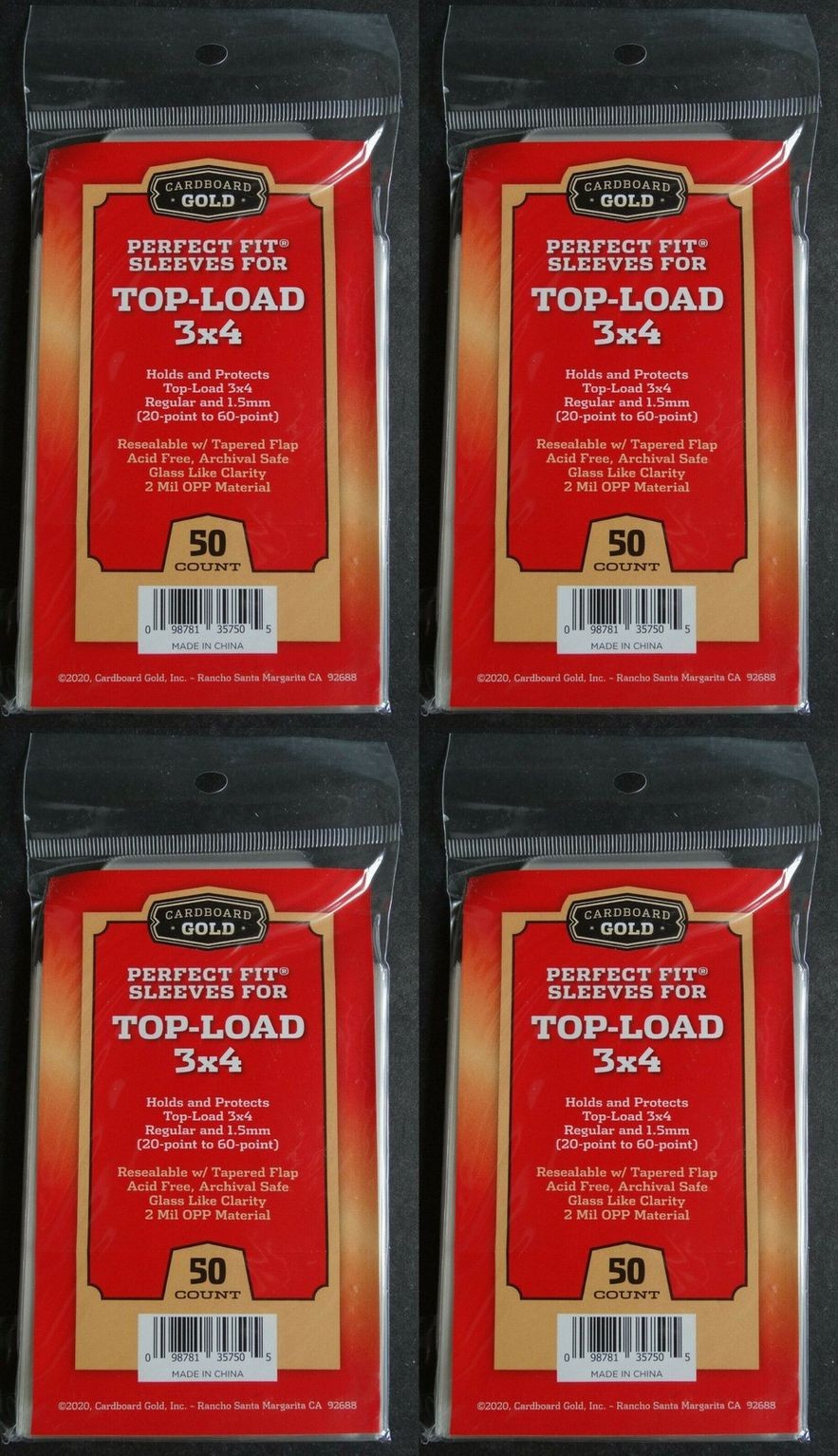 200 Cardboard Gold Perfect Fit Sleeves for Top-Load 3×4 from 20-60 Pt Bag