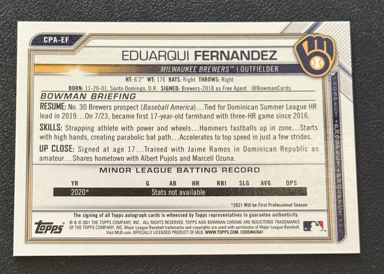 2021 Bowman Chrome – Prospect Autographs Eduarqui Fernandez #CPA-EF (AU, RC)