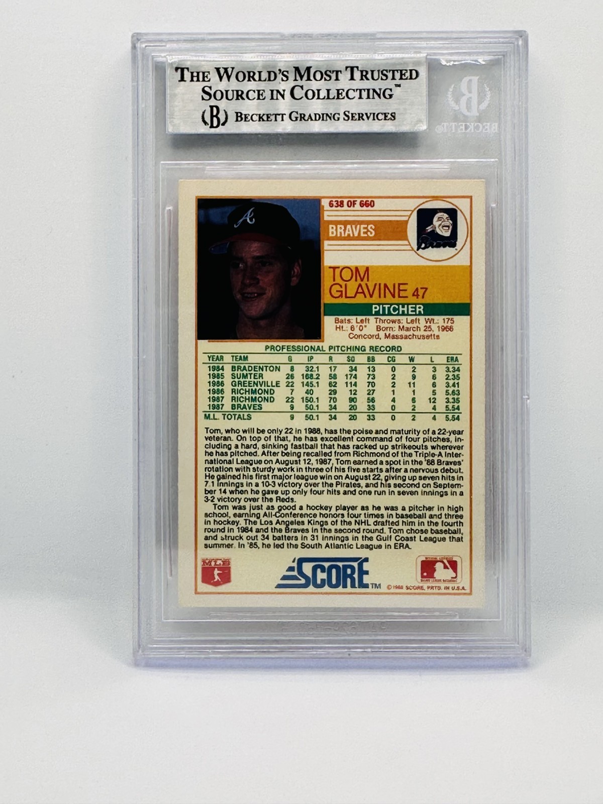 1988 Score Tom Glavine Auto BGS Authentic #638 Autograph