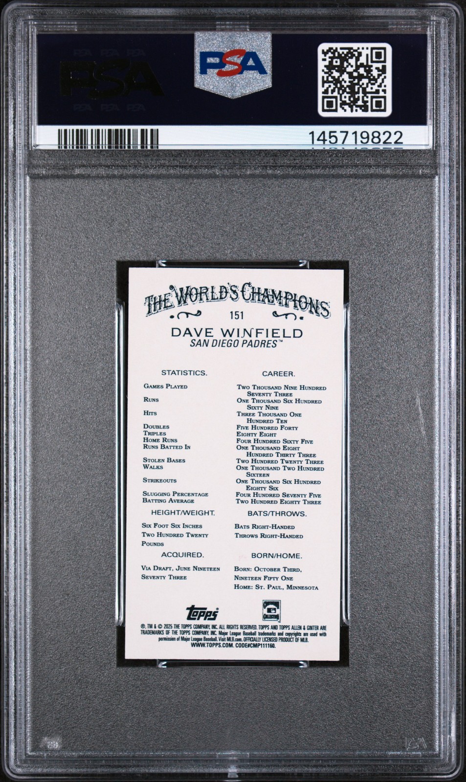 2025 ALLEN & GINTER MINI-GLOSSY 1/1 #151 DAVE WINFIELD 1/1 PSA 9