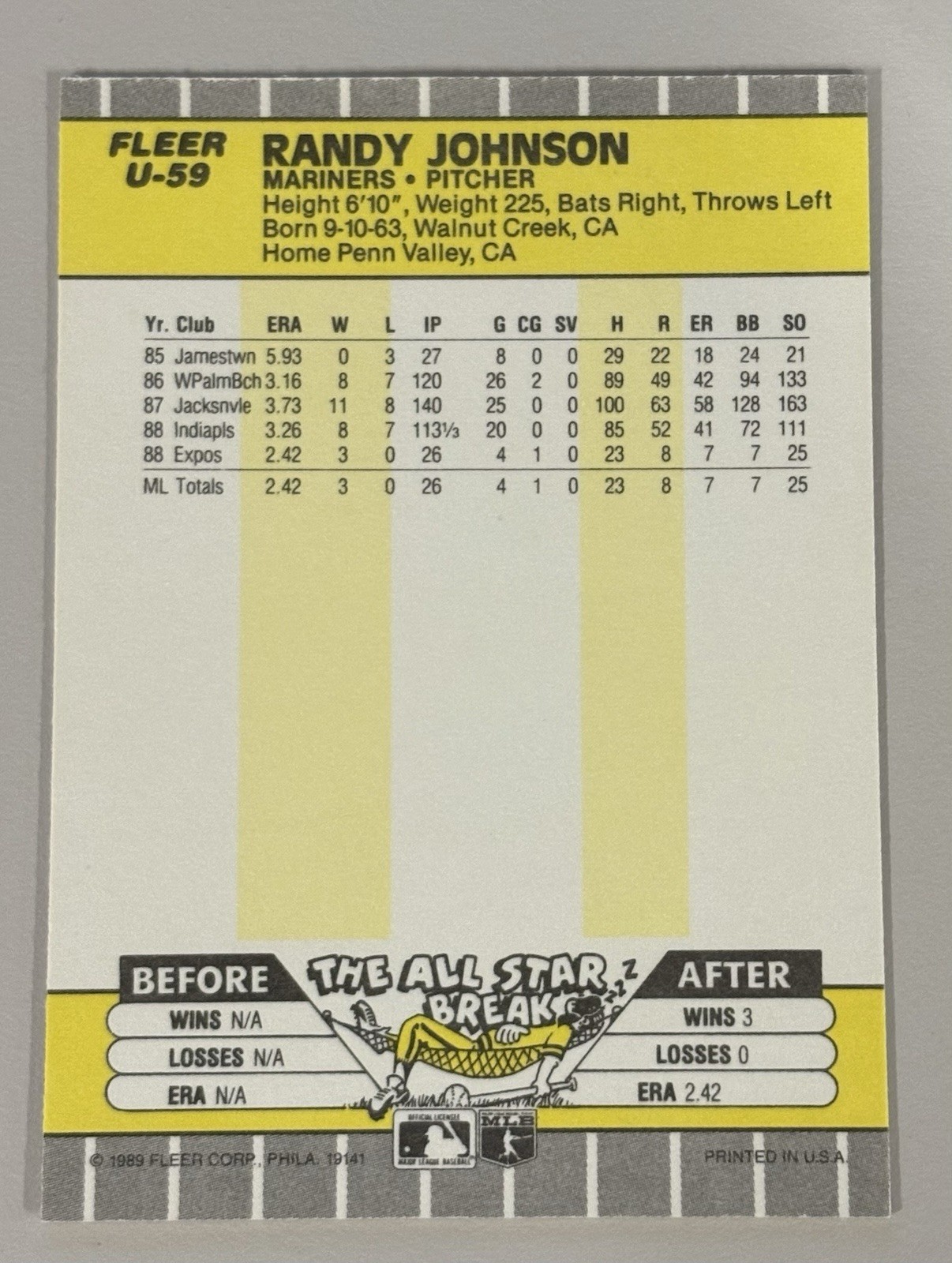 ⚾ 1989 Fleer Update Baseball Baseball Card Rookie HOF #U-59 Randy JOHNSON ⚾