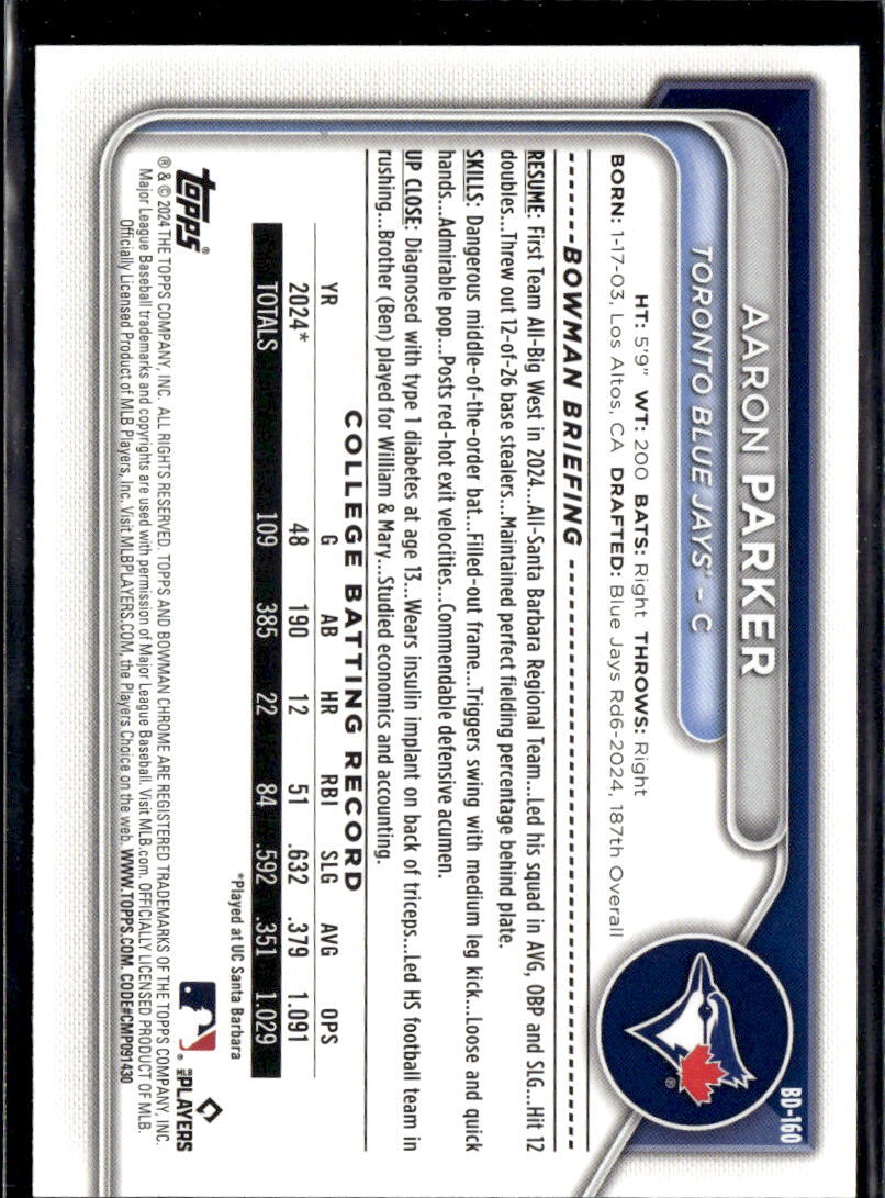 2024 Bowman Draft Paper Aaron Parker Toronto Blue Jays #BD-160 5 Card Lot