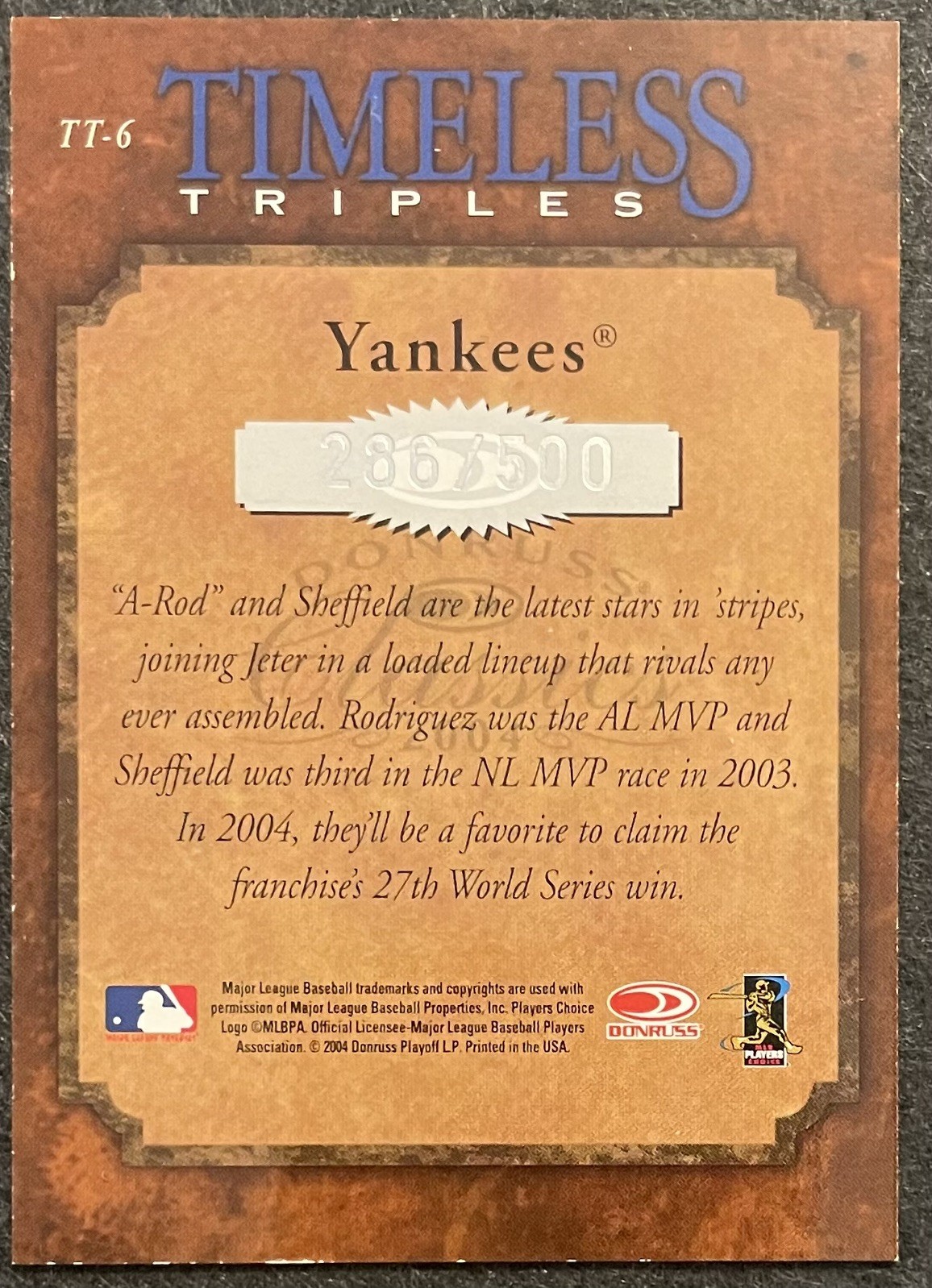 2004 Donruss Classics – Timeless Triples Jeter, Rodriguez, Sheffield #TT-6 /500