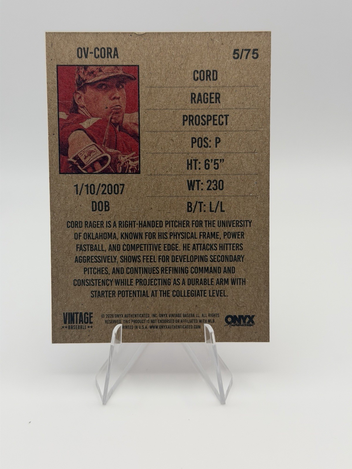 2026 Onyx Vintage Cord Rager OV-CORA Orange Border /75 Oklahoma Sooners Prospect