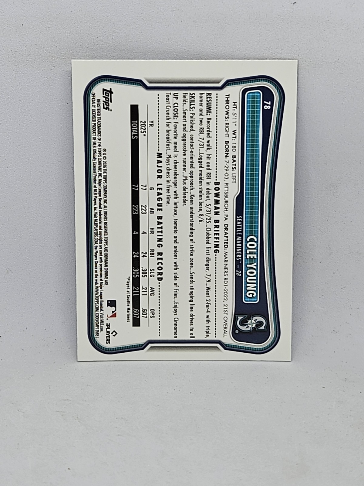 Topps 2022 Bowman Draft Chrome Cole Young Seattle Mariners #BDC-112