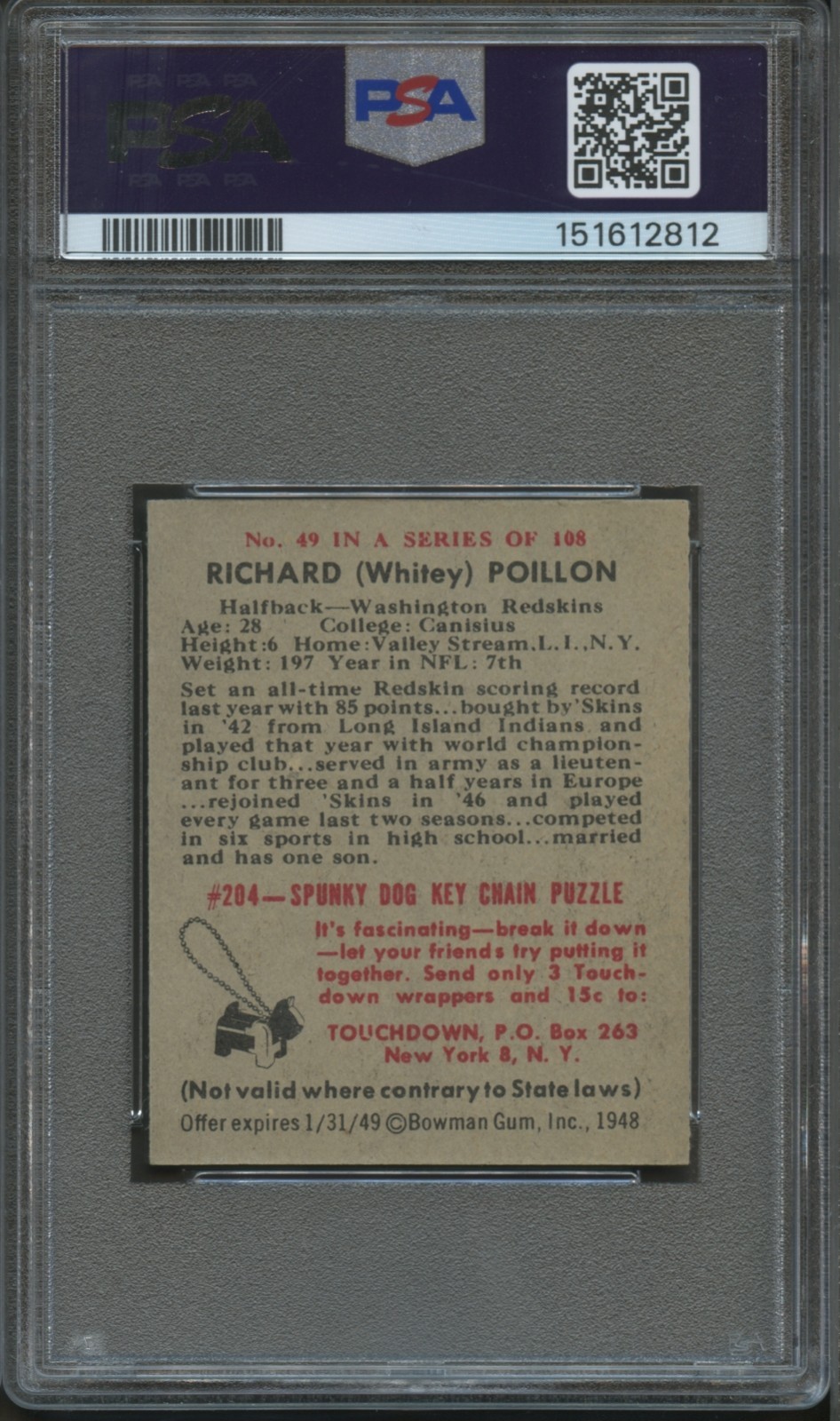 1948 Bowman #49 Dick Poillon PSA 8