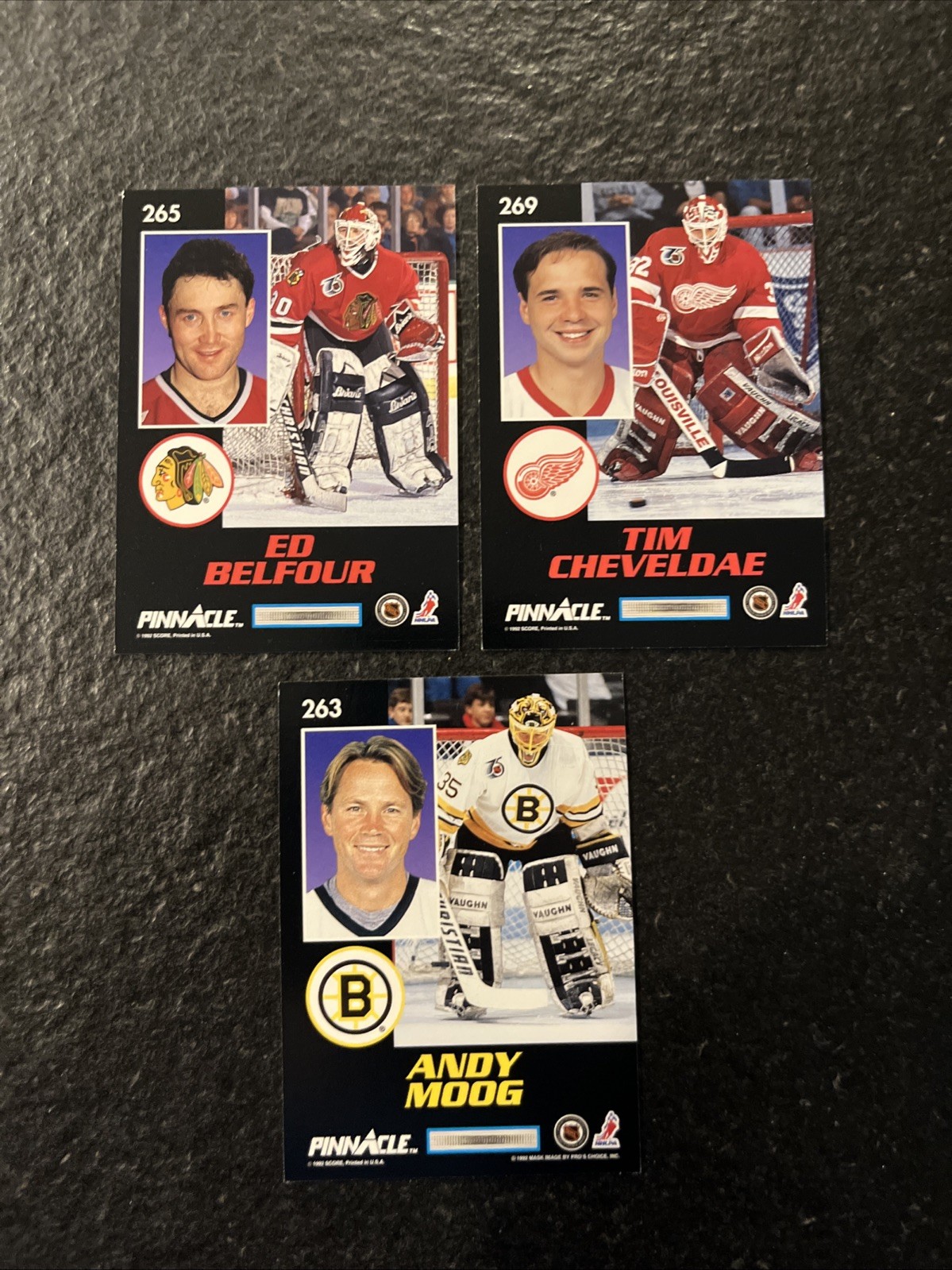 1992-93 PINNACLE MASKS INSERT LOT #265 ED BELFOUR #263 ANDY MOOG #269 CHEVELDAE