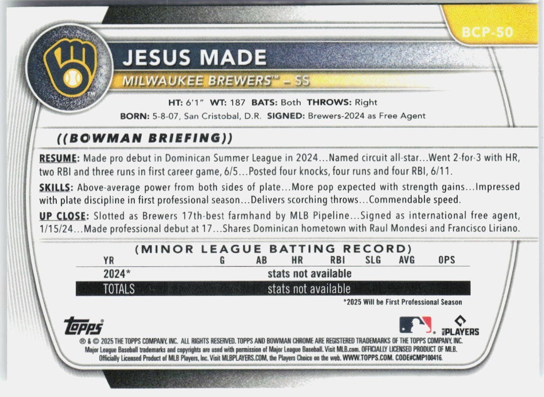 2025 Bowman Chrome JESUS MADE 1st Bowman RC BCP-50 Brewers
