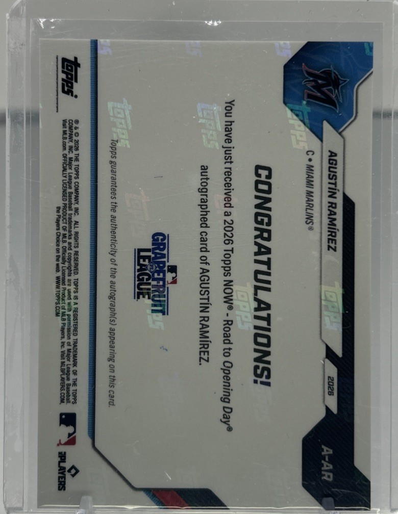 AGUSTIN RAMIREZ 1/25 Auto Orange Foil 2026 Topps Now Road to Opening Day Marlins