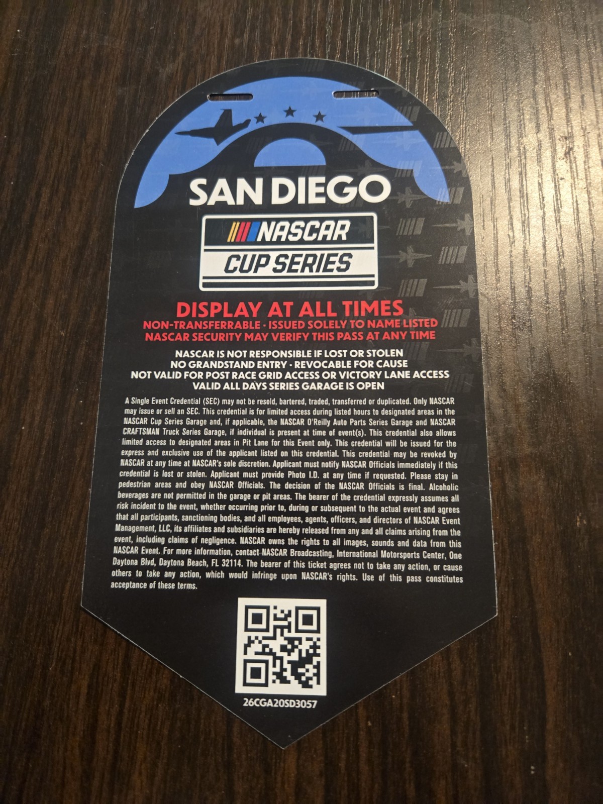 San Diego/Coronado NASCAR Cup Series Garage & Pits Pass June 2026- No Name/Blank