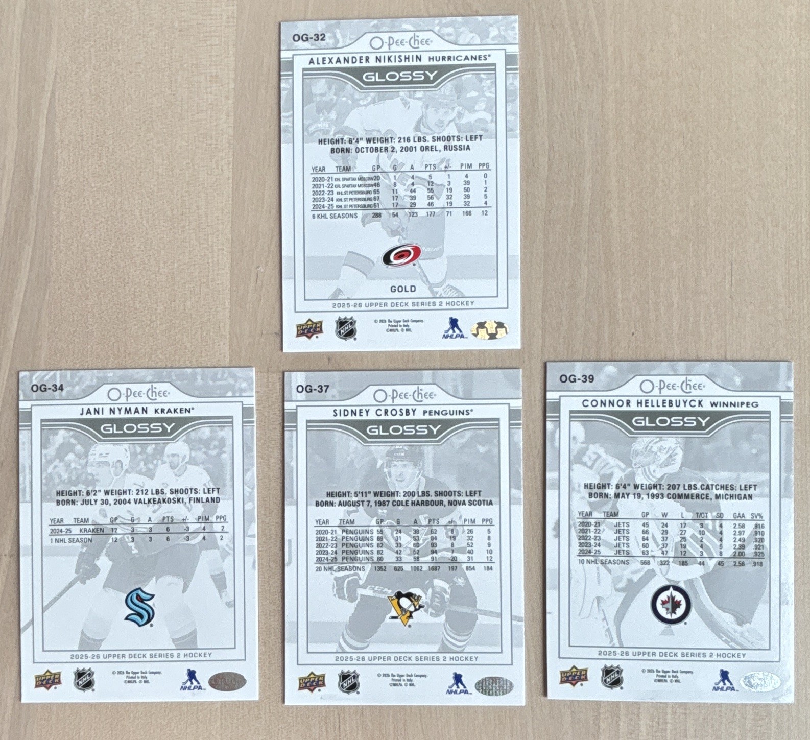 Upper Deck 2025-26 O-Pee-Chee Glossy NHL 4-Card Lot Crosby Hellebuyck OG-32