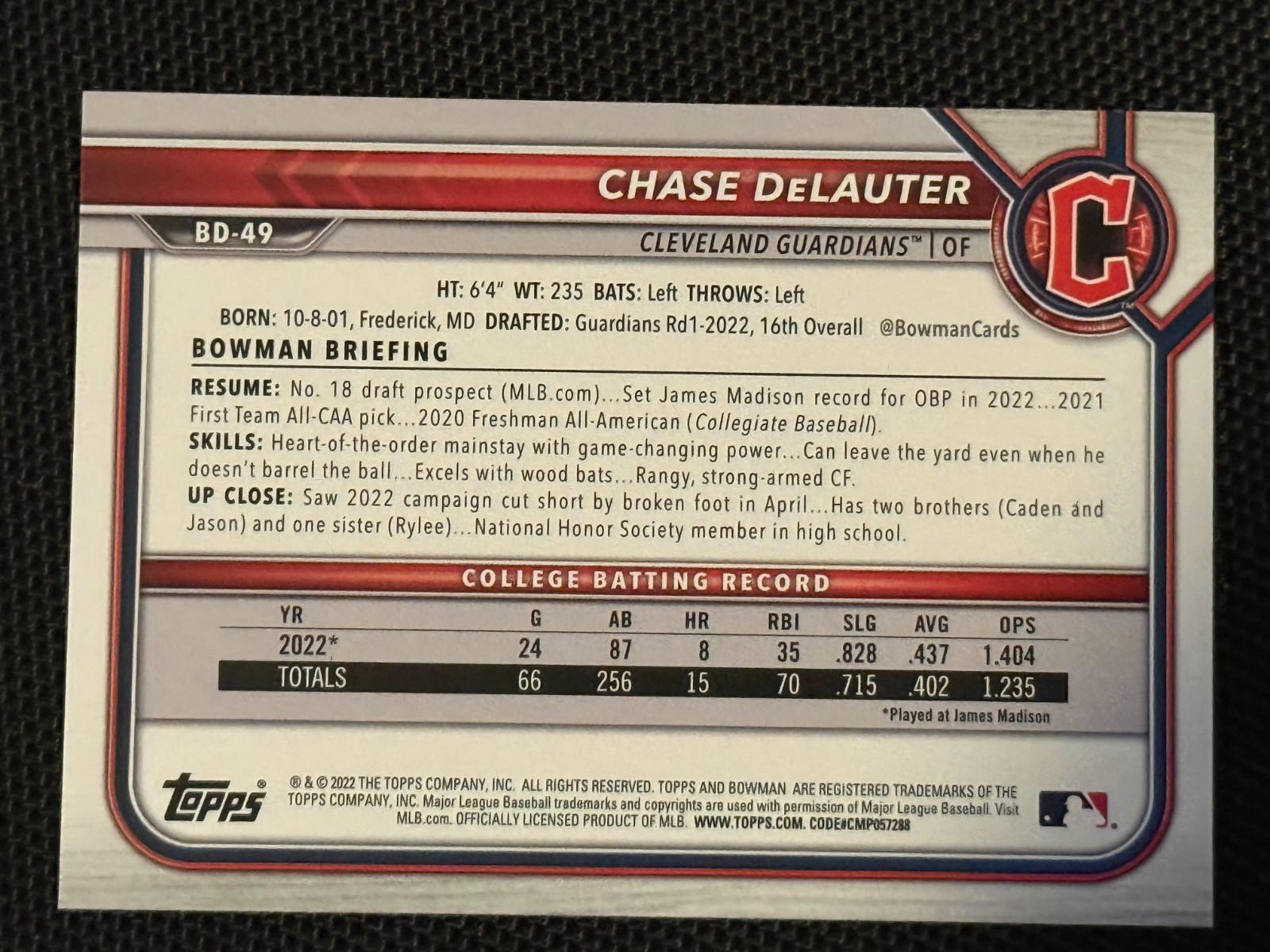 CHASE DeLAUTER 2022 BOWMAN**1st BOWMAN PAPER**#BD-49 GUARDIANS