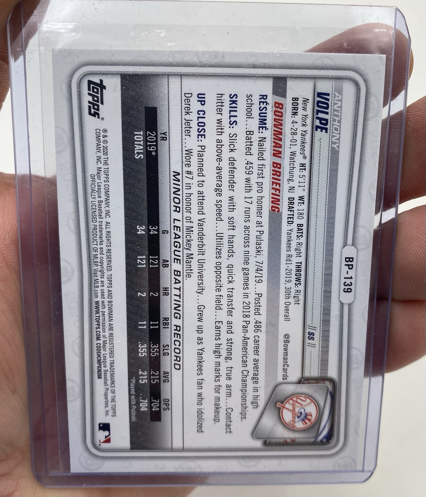 2020 Bowman Anthony Volpe 1st #BP-139 New York Yankees MLB