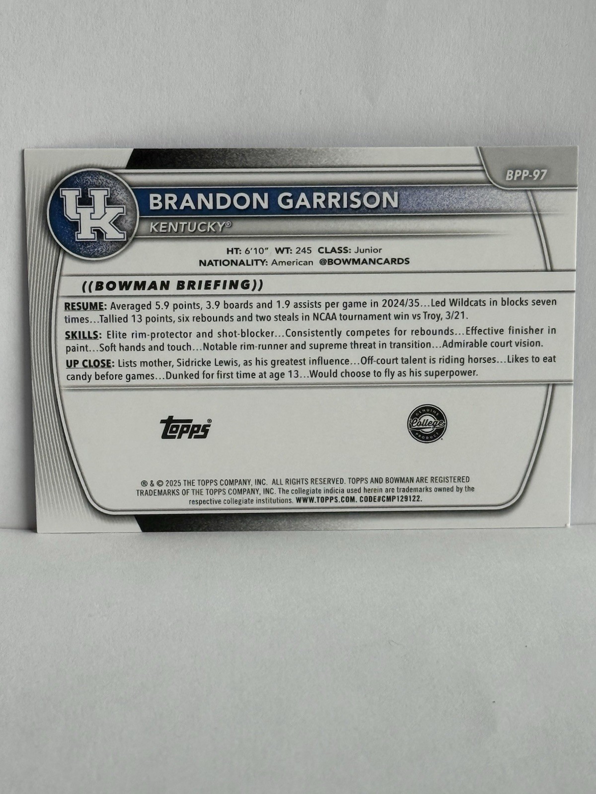 2025-2026 Topps Bowman U Prospects #BPP-97 Brandon Garrison Purple 187/199 UK