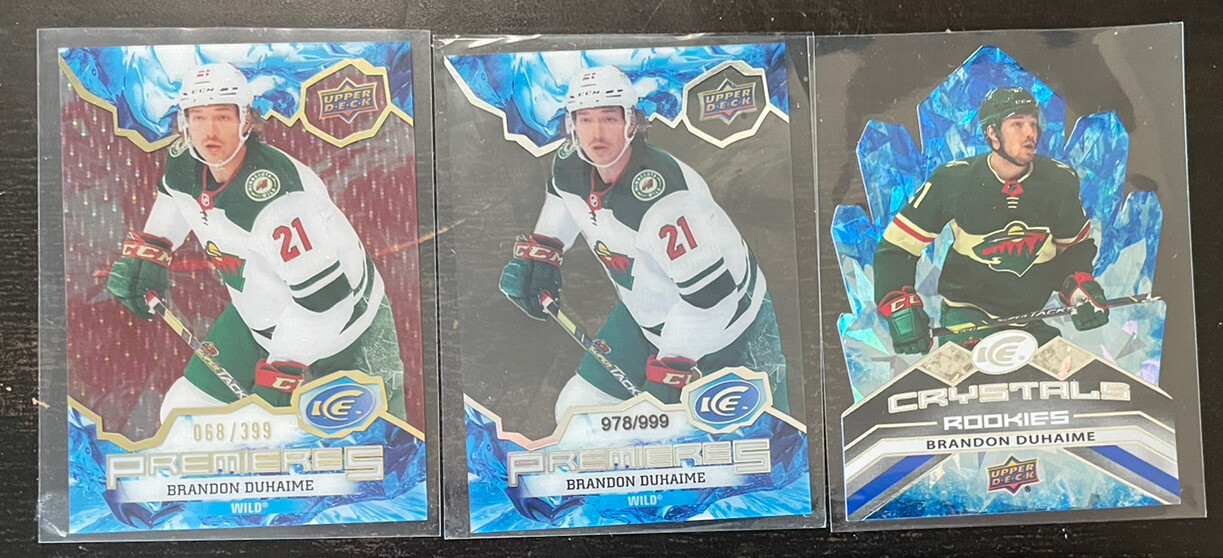 2021-22 UD Ice Brandon Duhaime LOT (3) Premieres /999 & Red /399 & Crystals